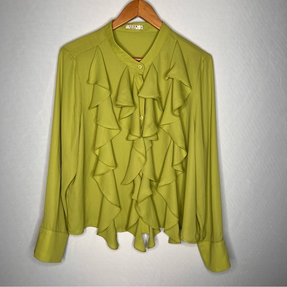 Luxe Moda Lime Green Ruffled Long-Sleeve Blouse. Size XL. - Picture 2 of 10